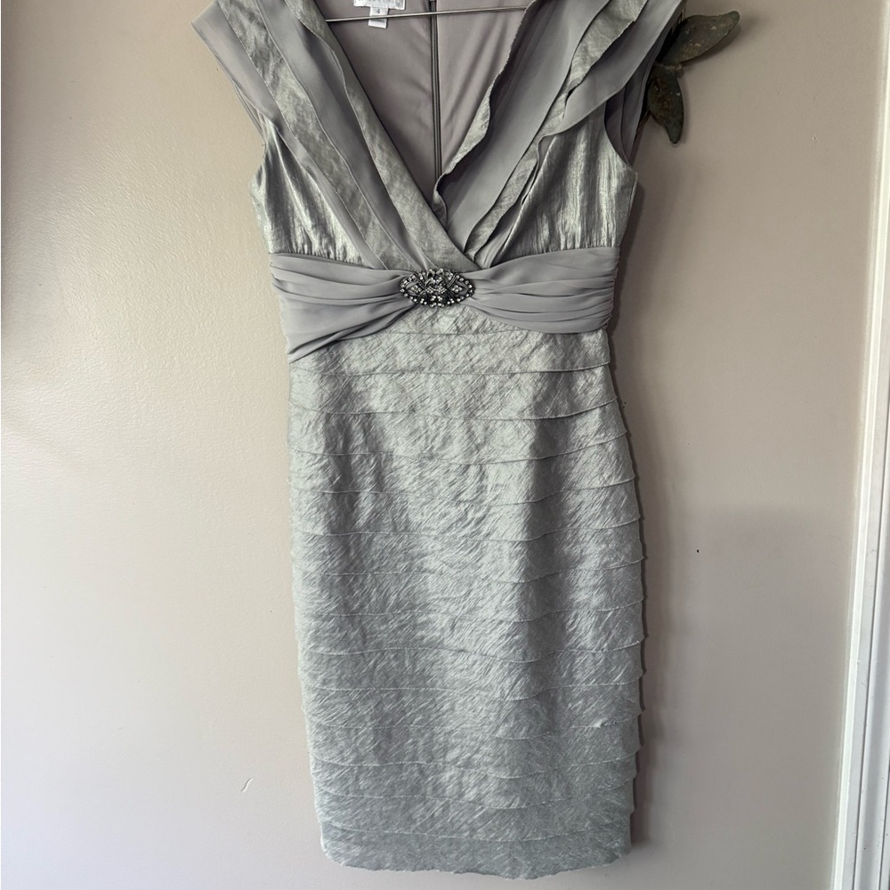 London Times Silver Ruched Wrap Sheath Dress